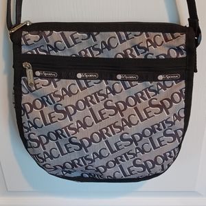 LESPORTSAC LOGO REPEAT PRINT BLACK AND WHITE LARGE CROSSBODY BAG 11.5"X4"X11.5"